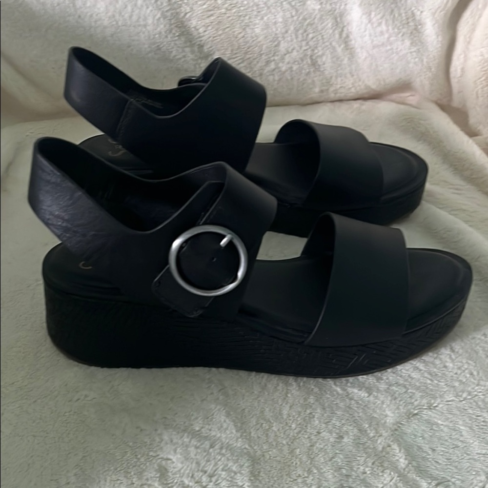 Sofft Black Wedge Sandals with Silver Buckle